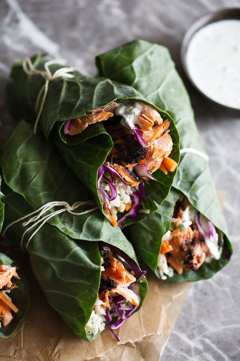 Grilled BBQ Salmon and Veggie Collard Green Wraps