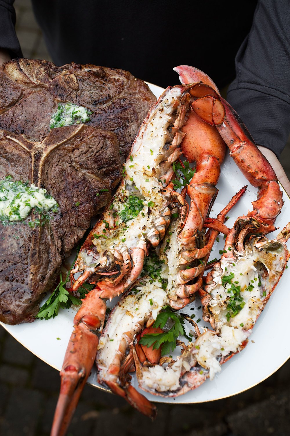 closeup surf and turf with garlic herb butter sous vide steak