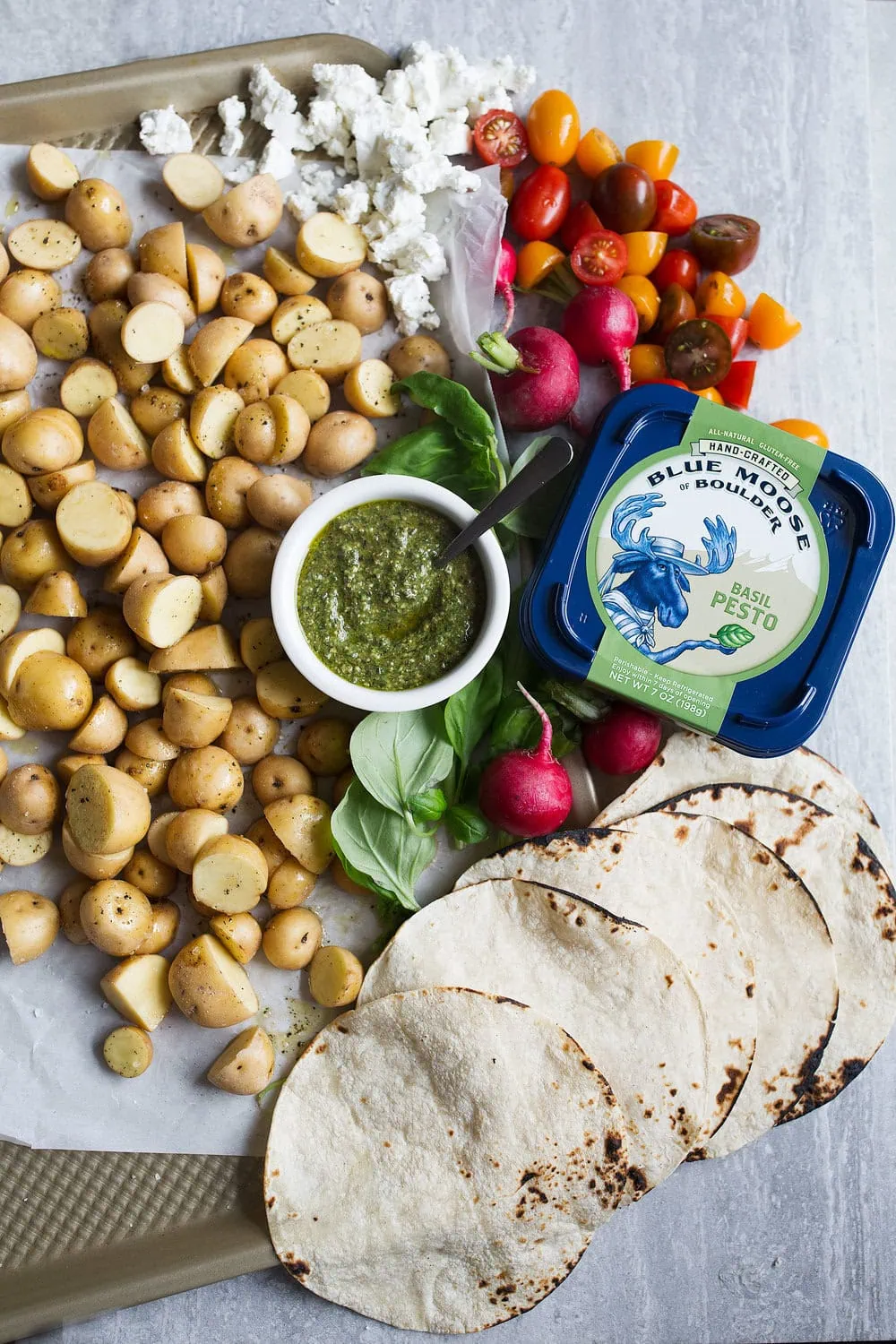 blue moose of boulder pesto potato tacos ingredient shot