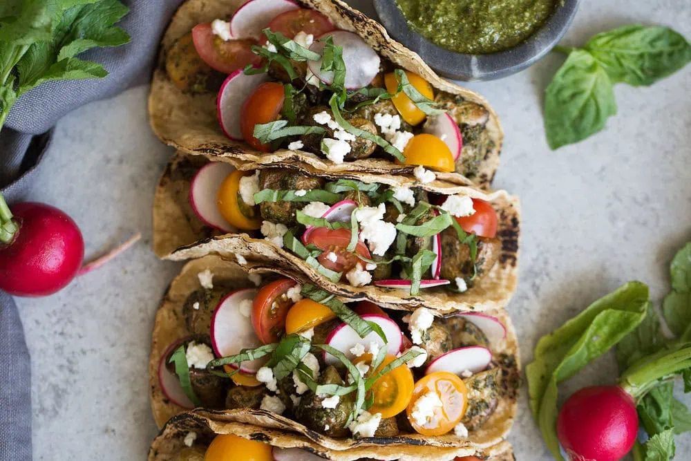 closeup pesto potato tacos