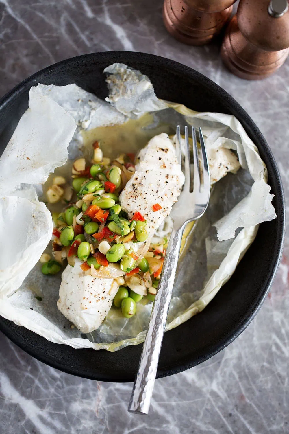 pacific halibut en papillote with edamame corn succotash