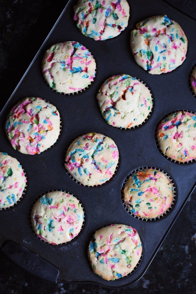 Cereal Milk Funfetti Cupcakes in muffin tin