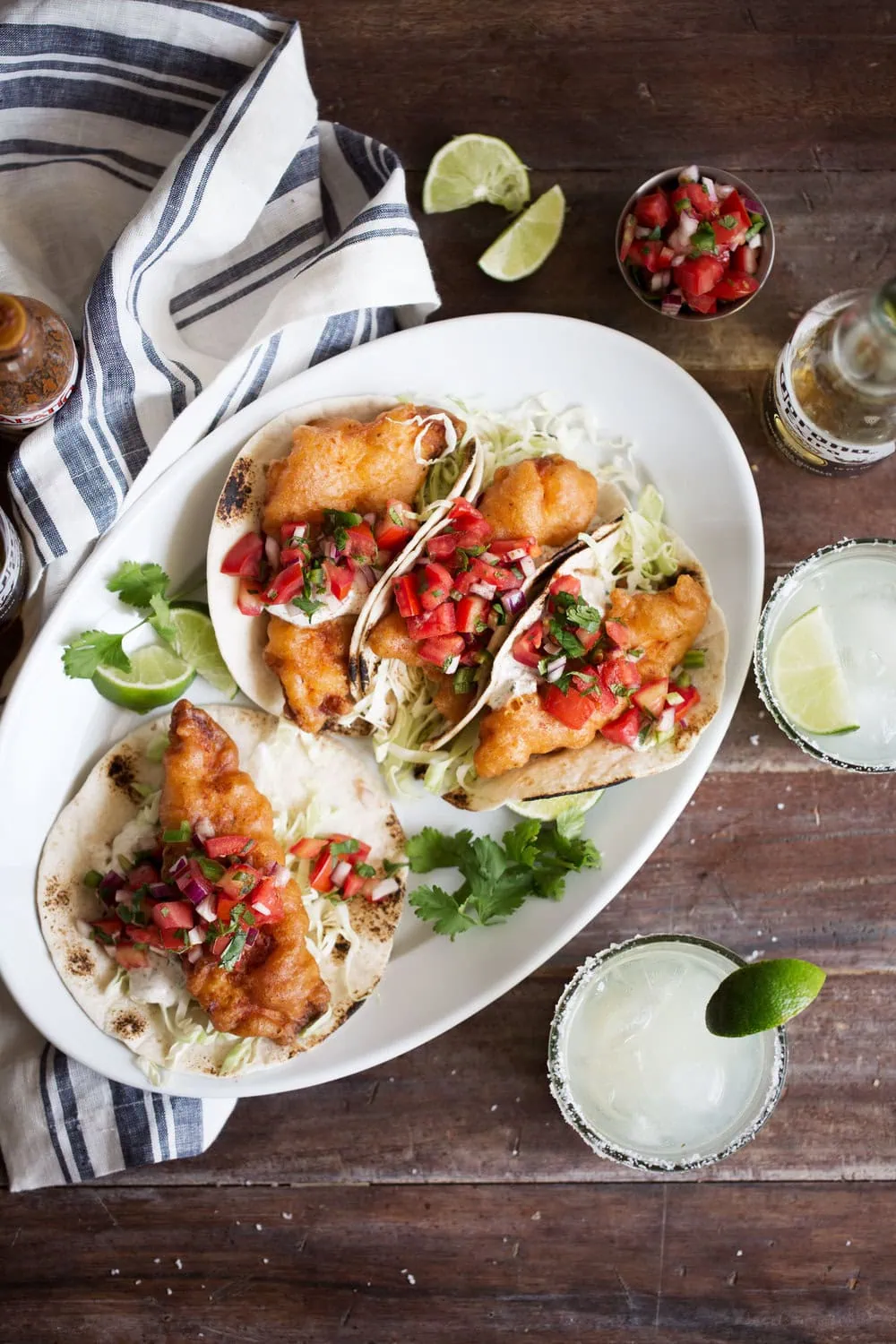 beer battered baja fish tacos with herb yogurt sauce
