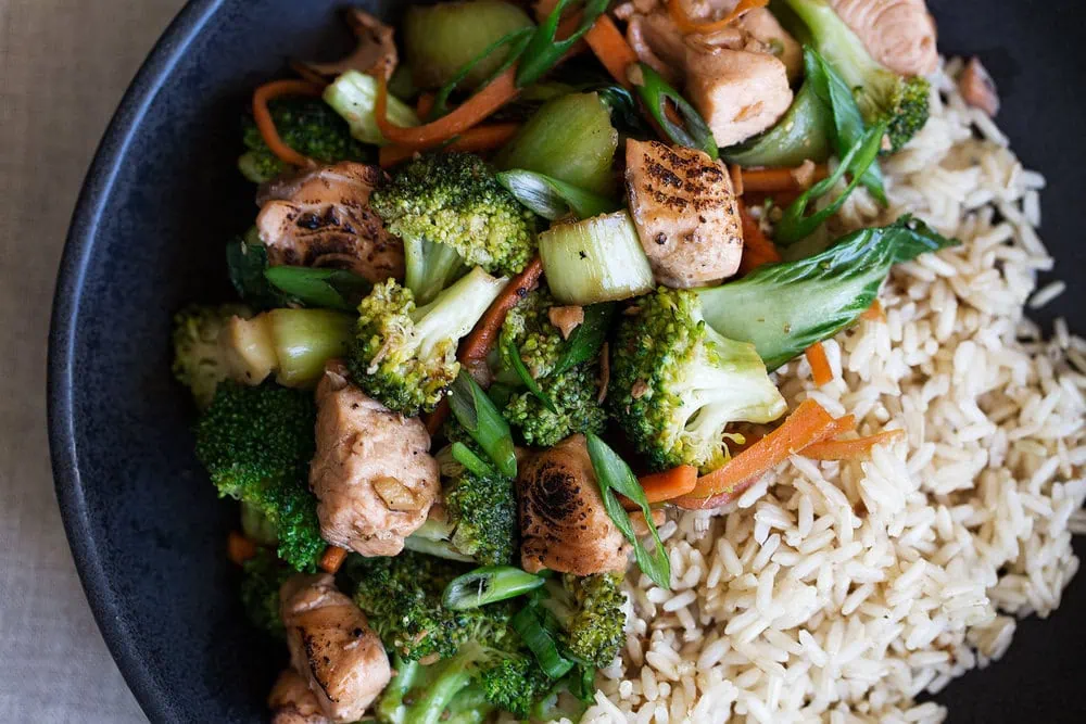 closeup salmon stir fry