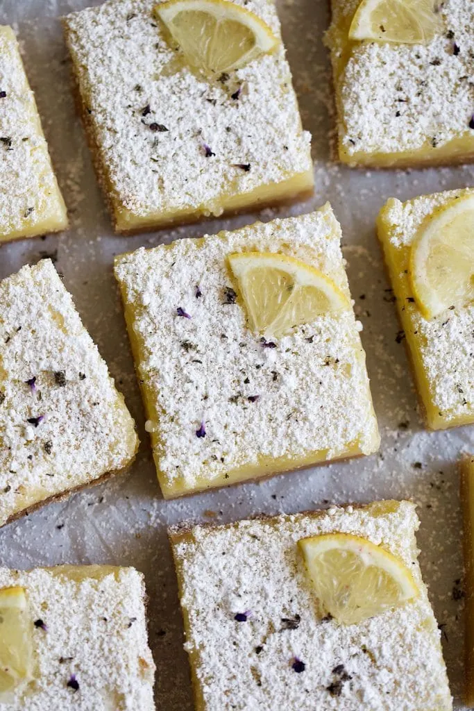lemon lavender squares garnished with powdered sugar