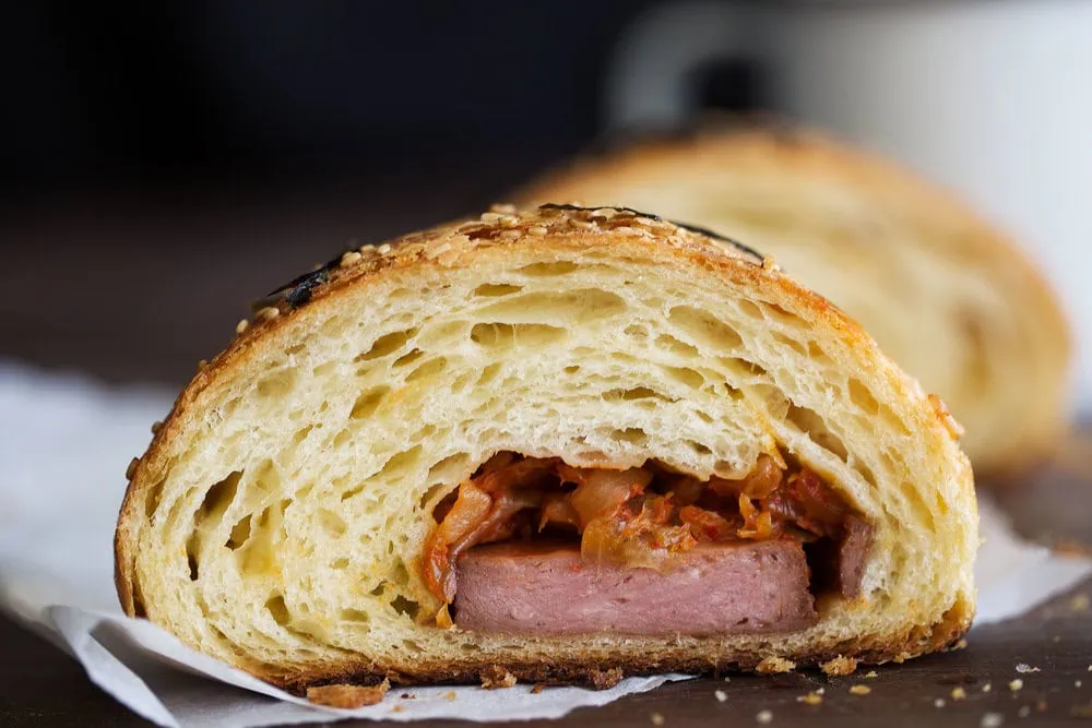 cut open spam musubi and kimchi croissant