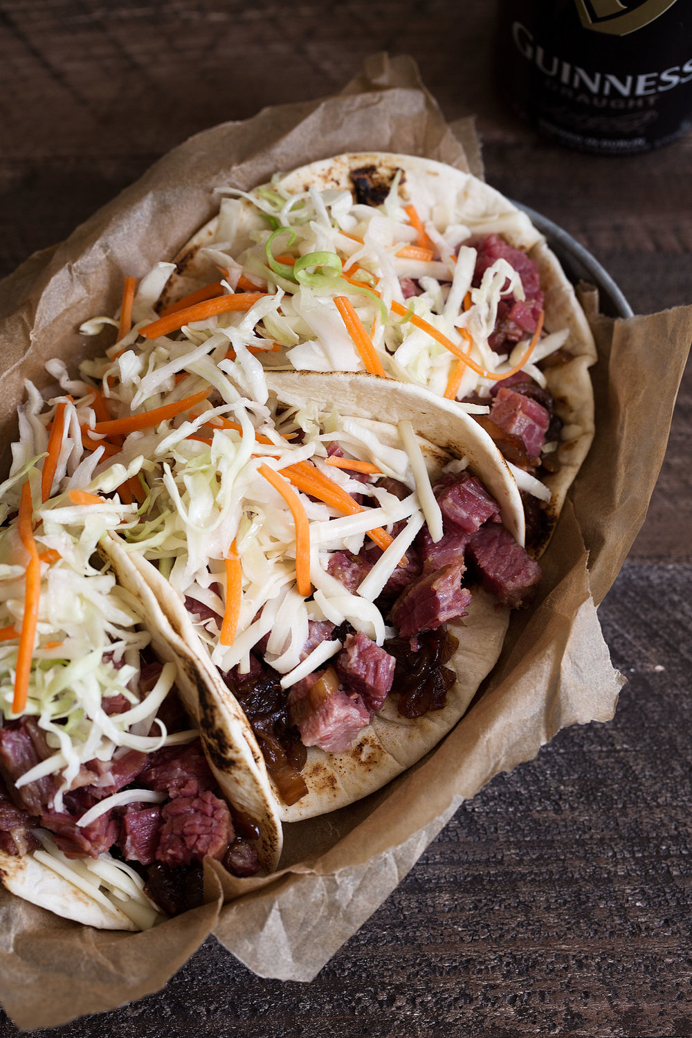 irish tacos with corned beef and guinness caramelized onions