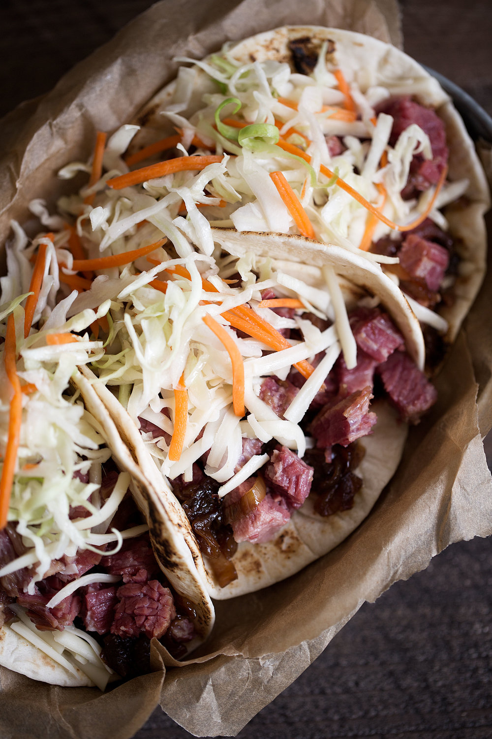 irish tacos with corned beef guinness caramelized onions and slaw