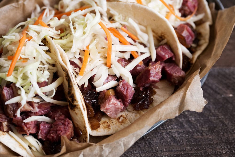 Irish Tacos with Corned Beef & Guinness Caramelized Onions Cooking