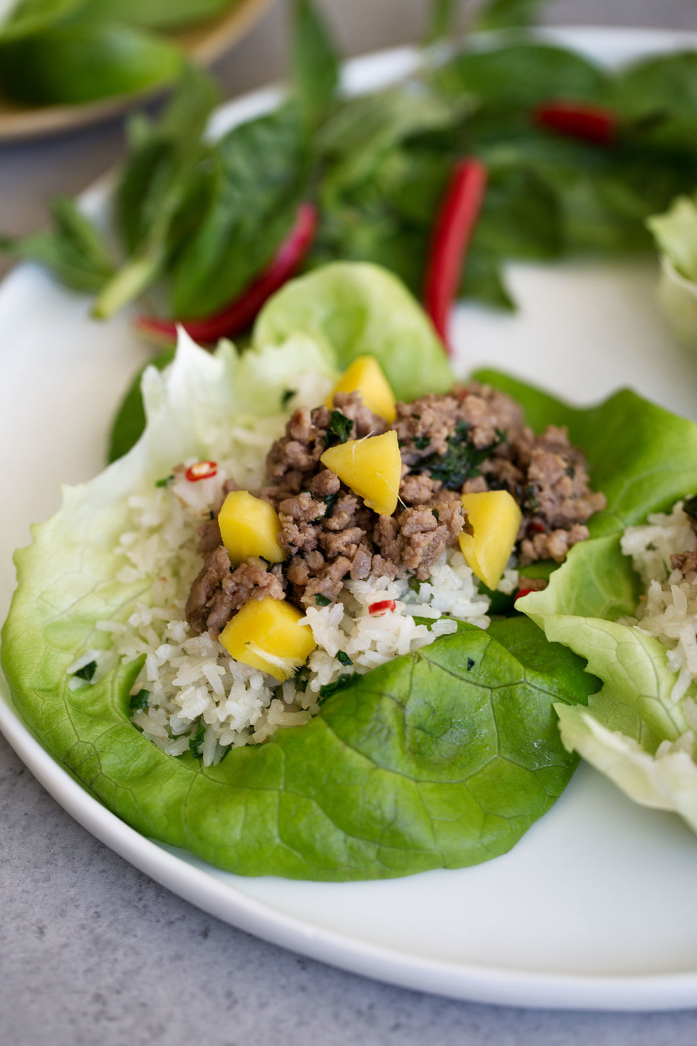 thai pork lettuce wraps with coconut fried rice closeup