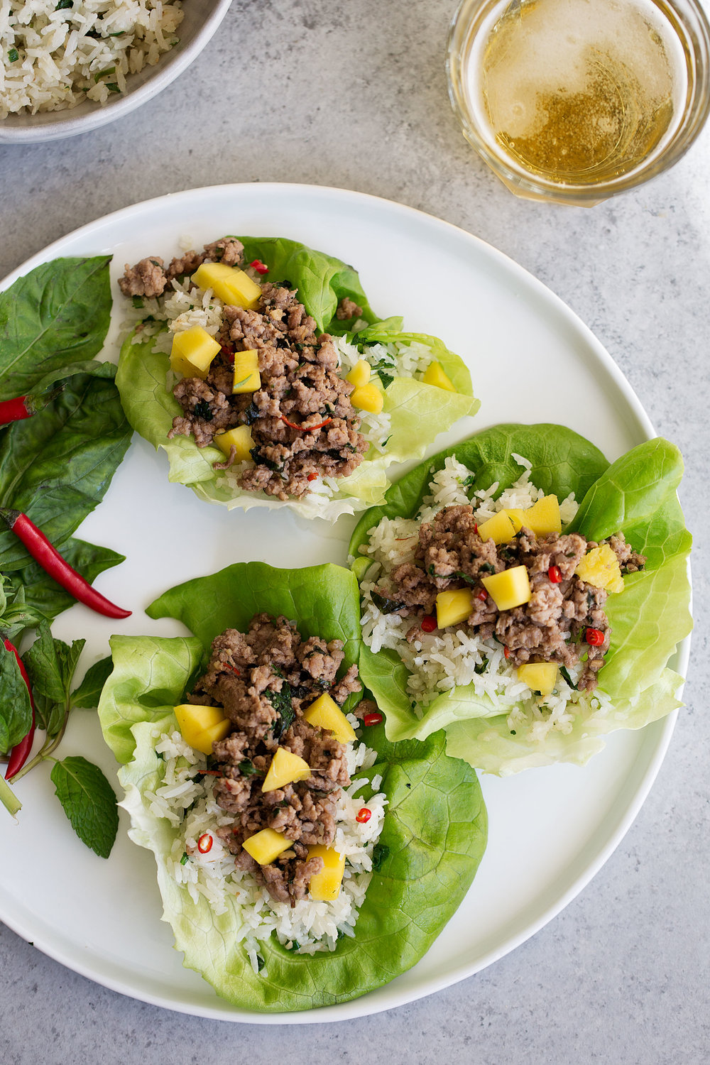 thai pork lettuce wraps with coconut fried rice platter