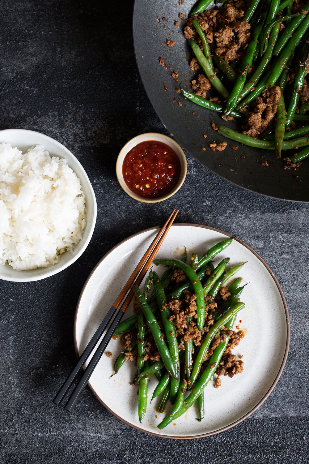 sichuan pan-fried green beans with ground pork and white rice