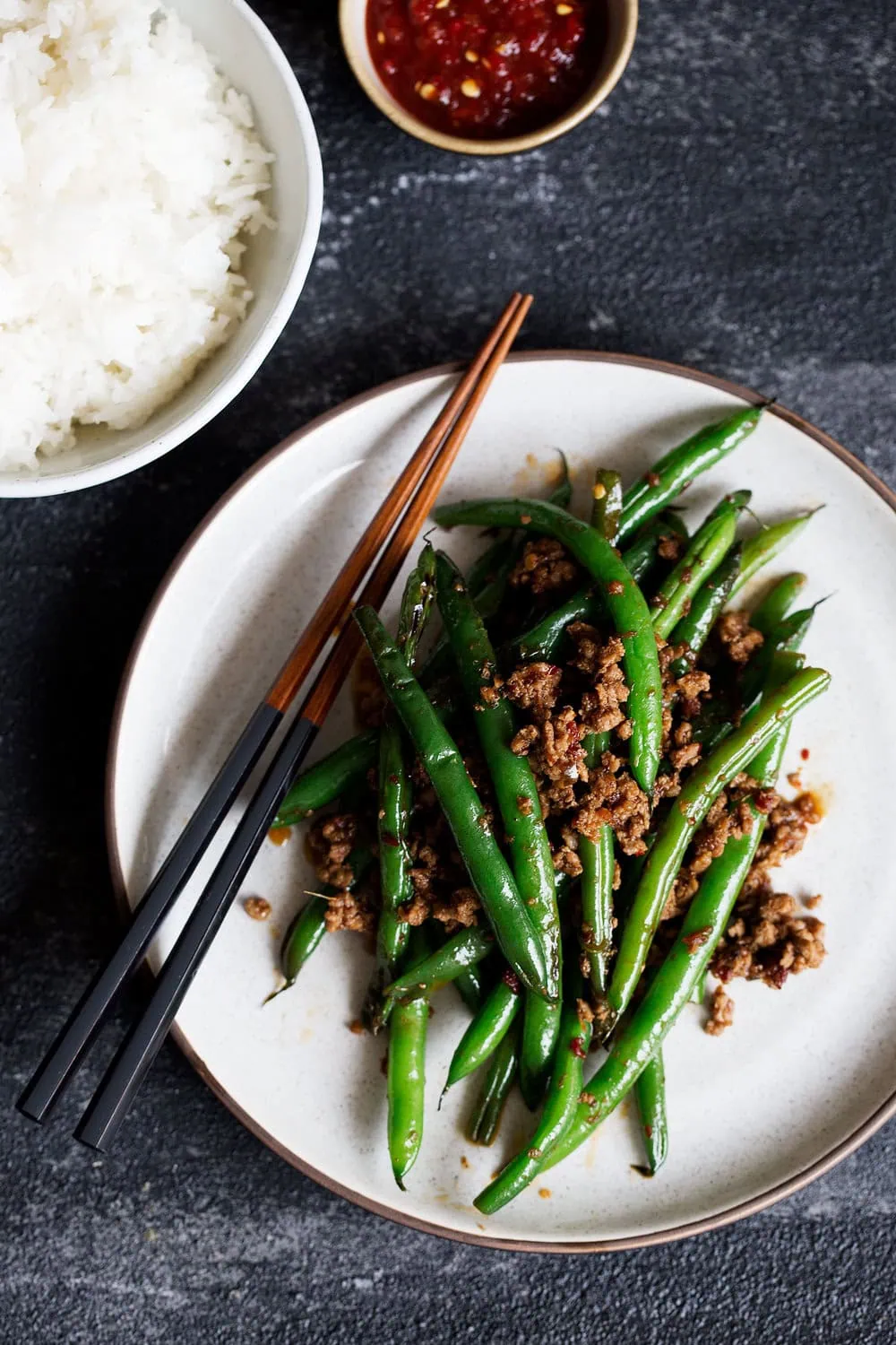Sichuan Pan-Fried Green Beans with Ground Pork and chopsticks