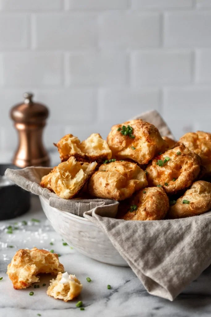 Lobster & Cheddar Gougeres in bowl with linen towel