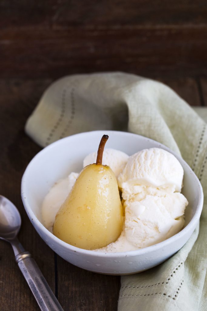 poached pears with vanilla ice cream
