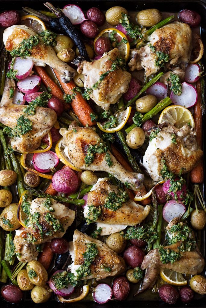 Sheet Pan Roast Chicken and Spring Vegetables with Carrot Top and Walnut Pesto