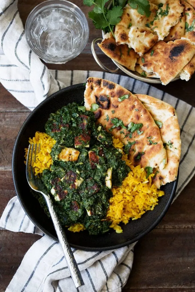simple saag paneer recipe with turmeric rice 