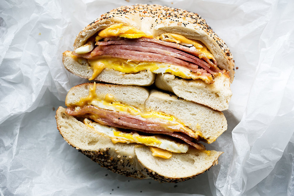 taylor ham egg and cheese long valley bagel halved 