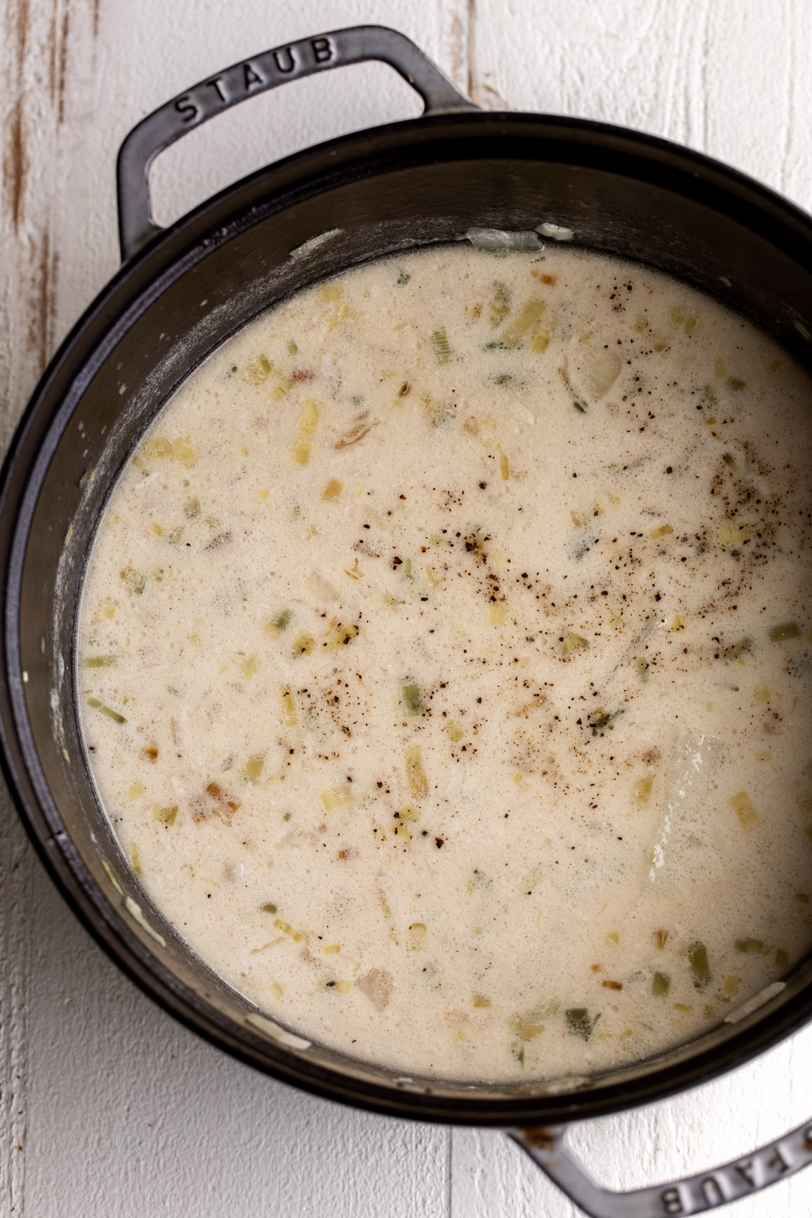 creamy baked potato soup in pot