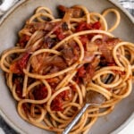 bucatini all'amatriciana pasta noodles.