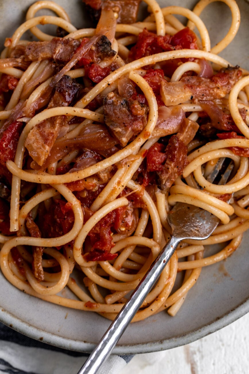 bucatini all'amatriciana with tomatoes and guanciale.