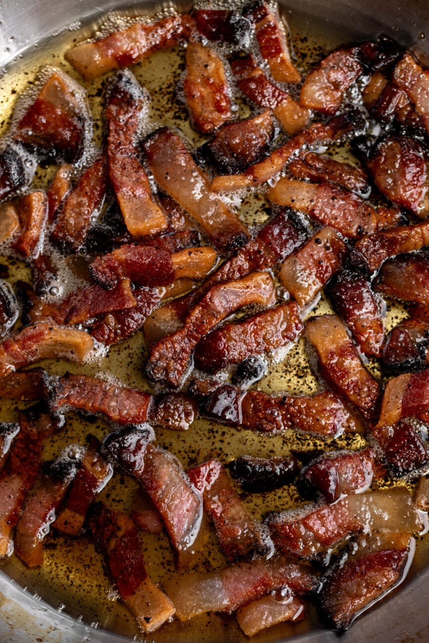 rendered guanciale lardons in pan.