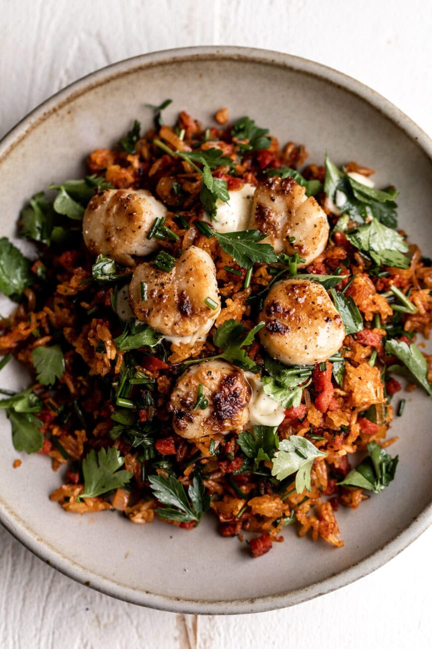 crispy pepperoni fried rice recipe with seared scallops and aioli.