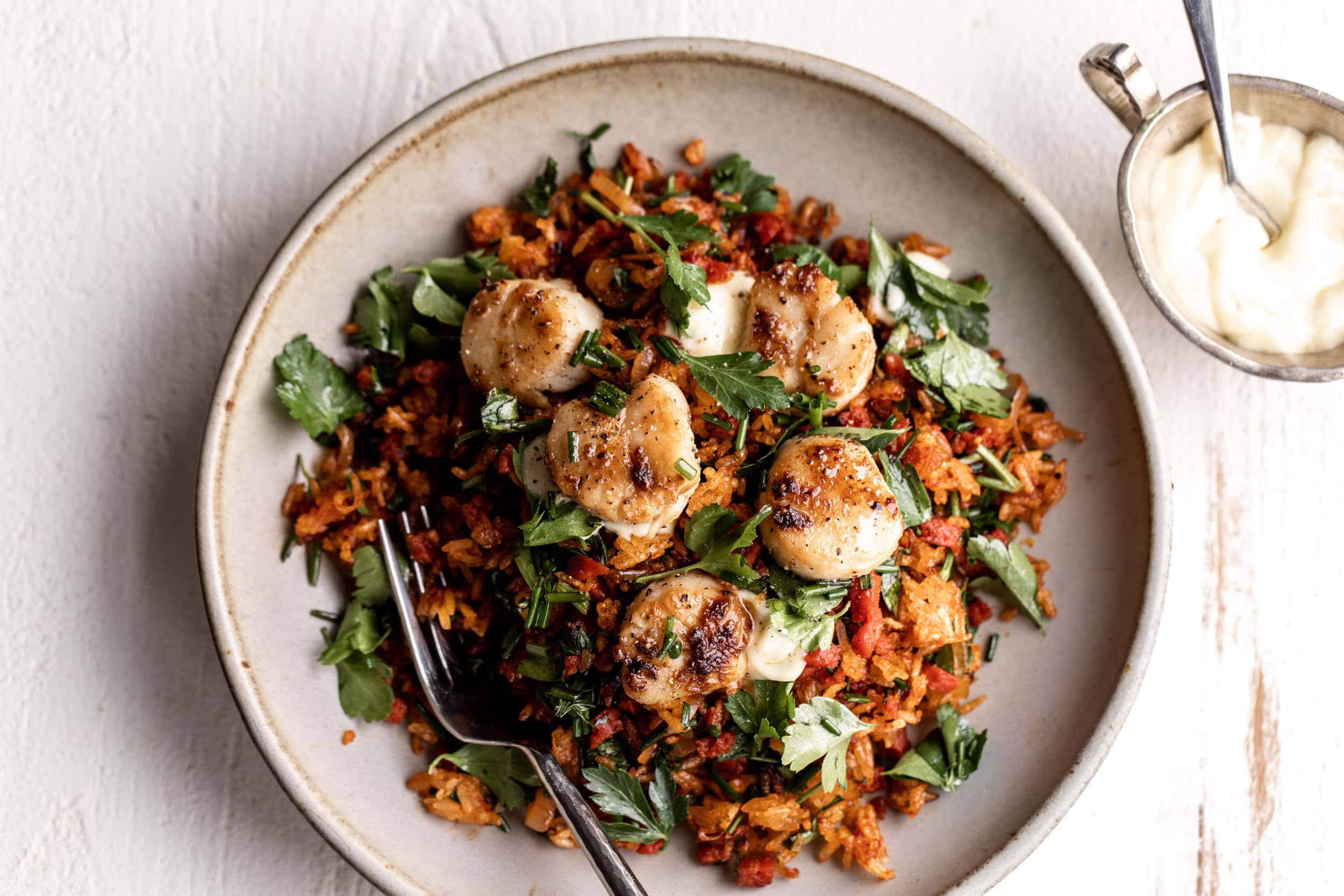 Pepperoni Fried Rice with Scallops and Garlic Aioli Cooking with