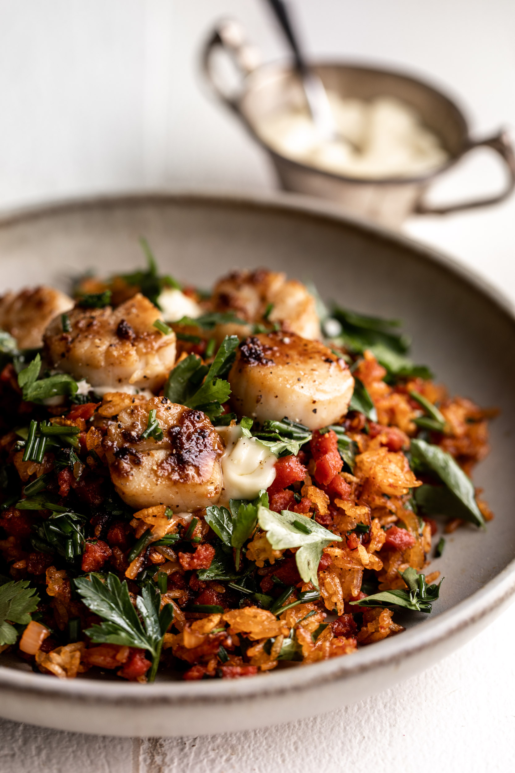 seared scallops with pepperoni fried rice