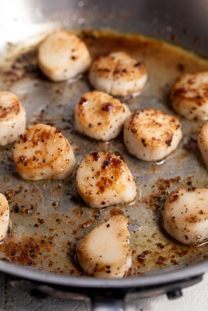 seared scallops in sauté pan.
