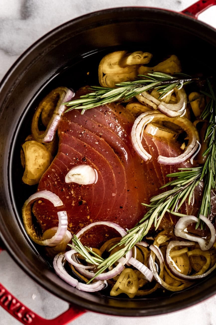 Confit Tuna Sandwich in oil with rosemary.