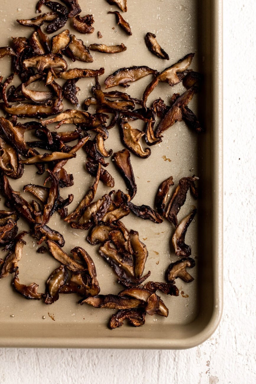 crispy shiitake mushrooms on baking sheet.