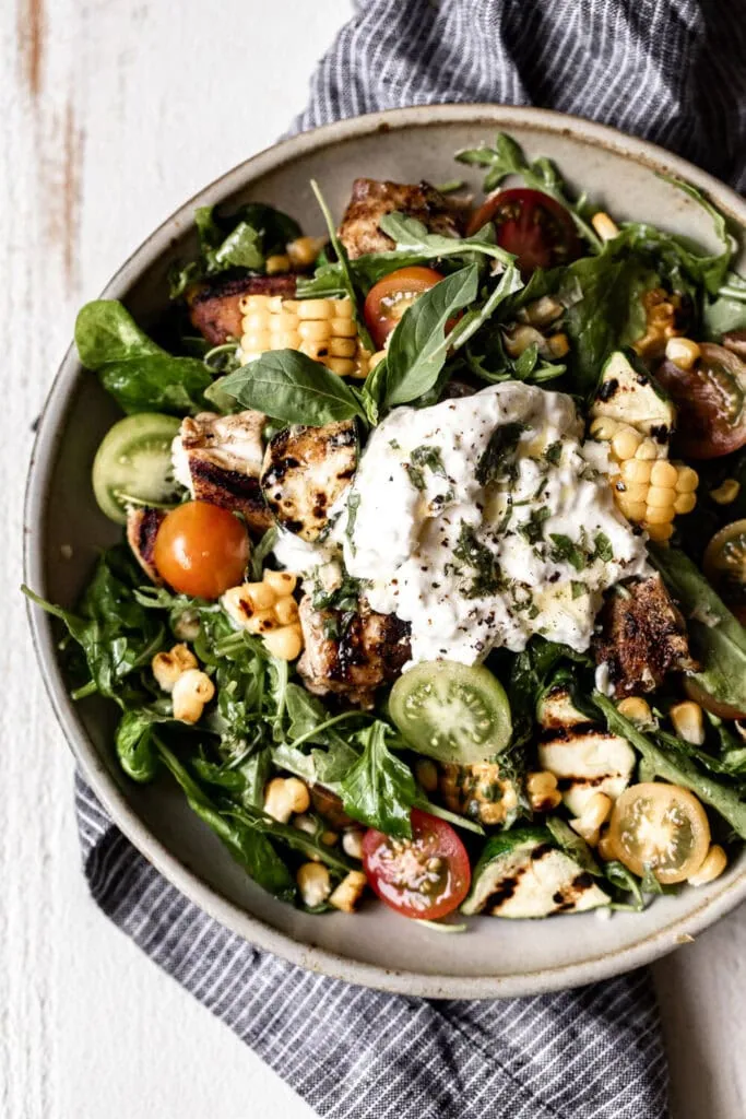 Heirloom Tomato and Grilled Veggie Salad with Burrata and Basil Vinaigrette