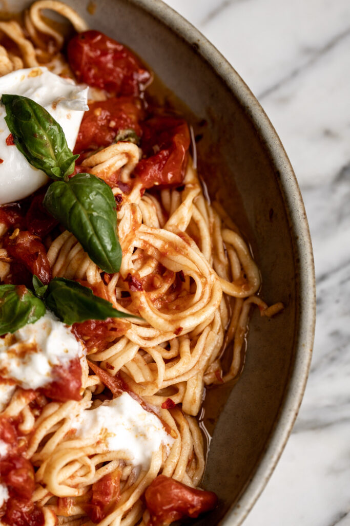 Homemade Spaghetti with Confit Cherry Tomatoes, Burrata & Basil recipe
