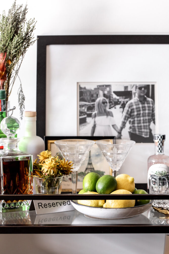 bar cart with citrus bowl of lemon and limes