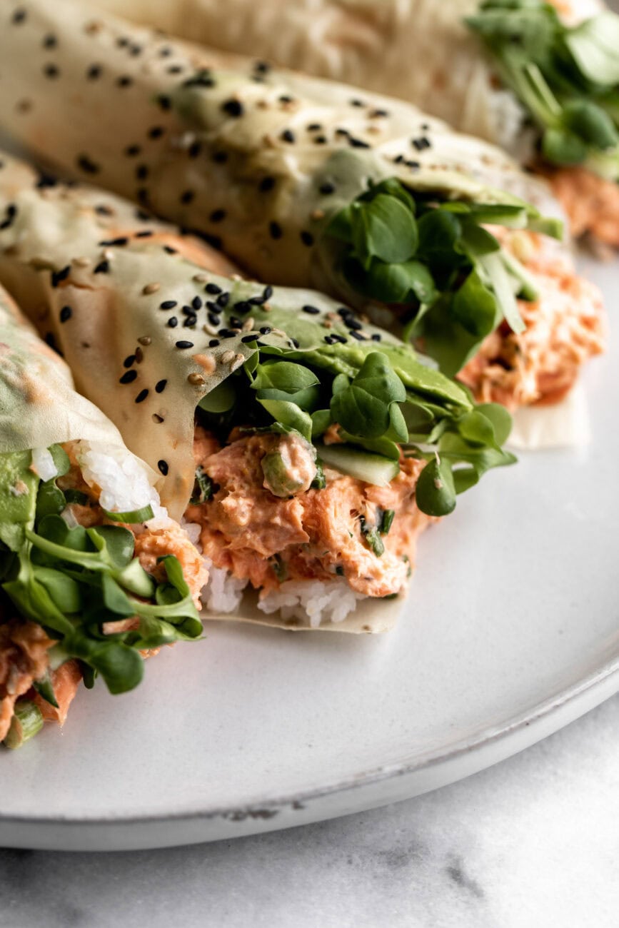 Baked Spicy Salmon Hand Rolls.