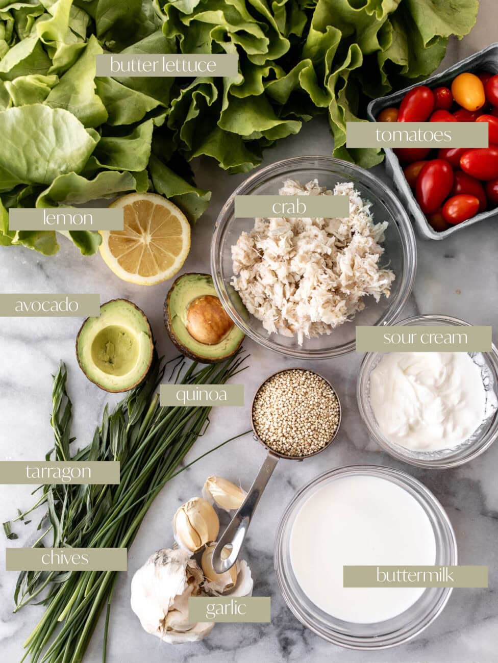 crab salad with popped quinoa and tarragon dressing labeled ingredient photo.