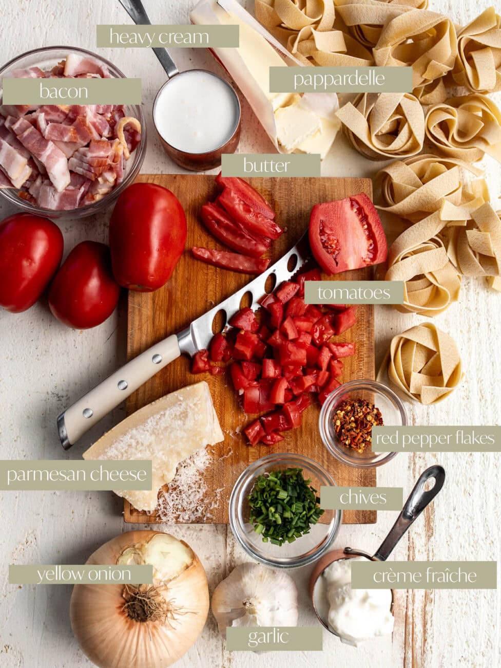 creamy tomato bacon pasta labeled ingredient photo.