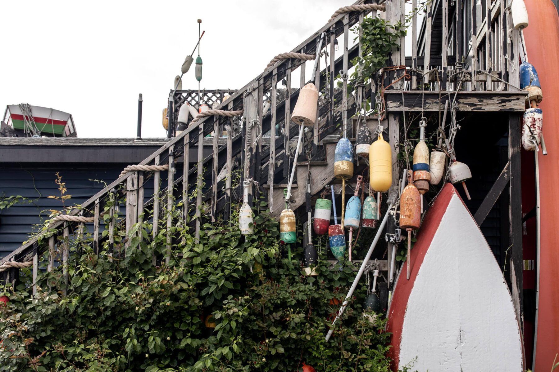 buoy on wood porch in kennebunkport maine.