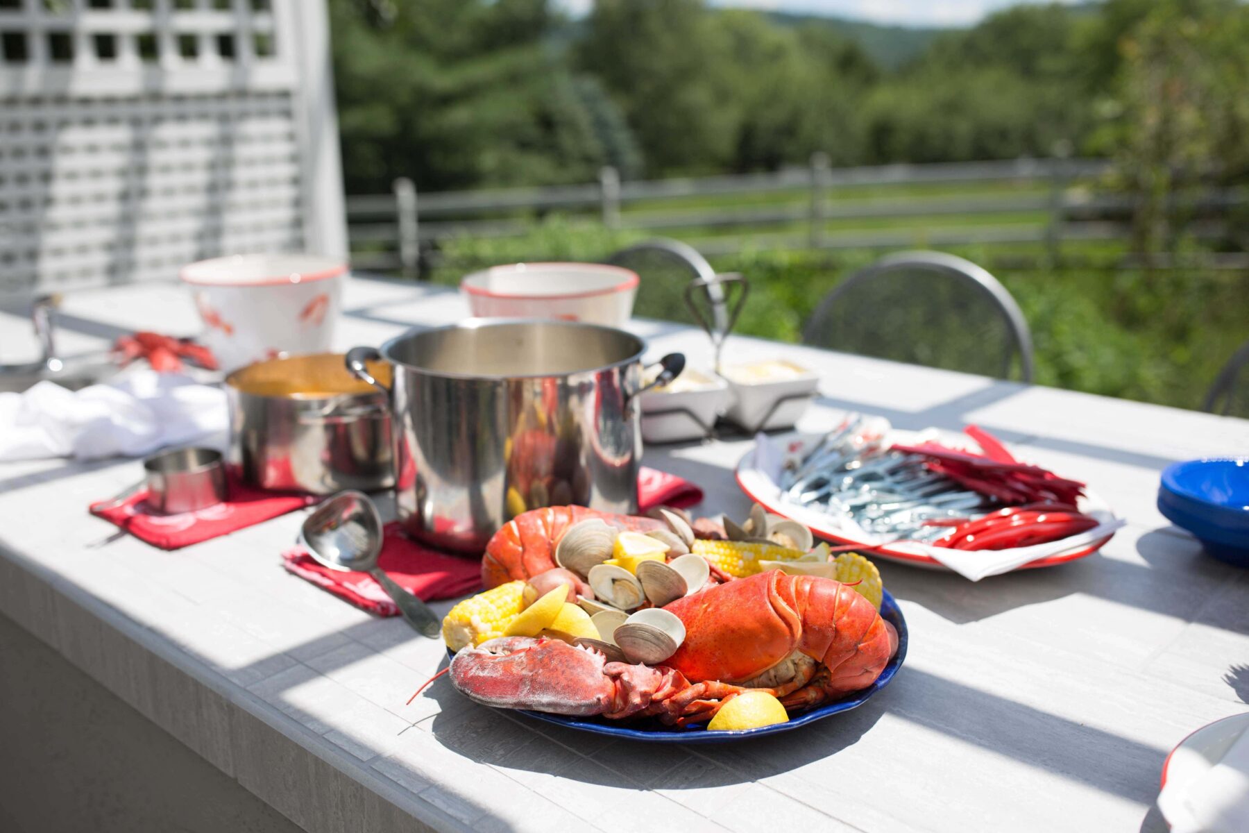 lobster, new england clam chowder in NJ with greenery.