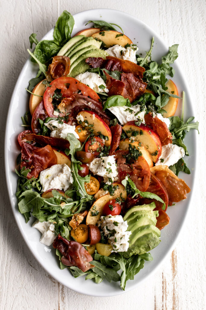 Peach and Tomato Mozzarella Salad with Crispy Prosciutto | End of Summer Food Ideas