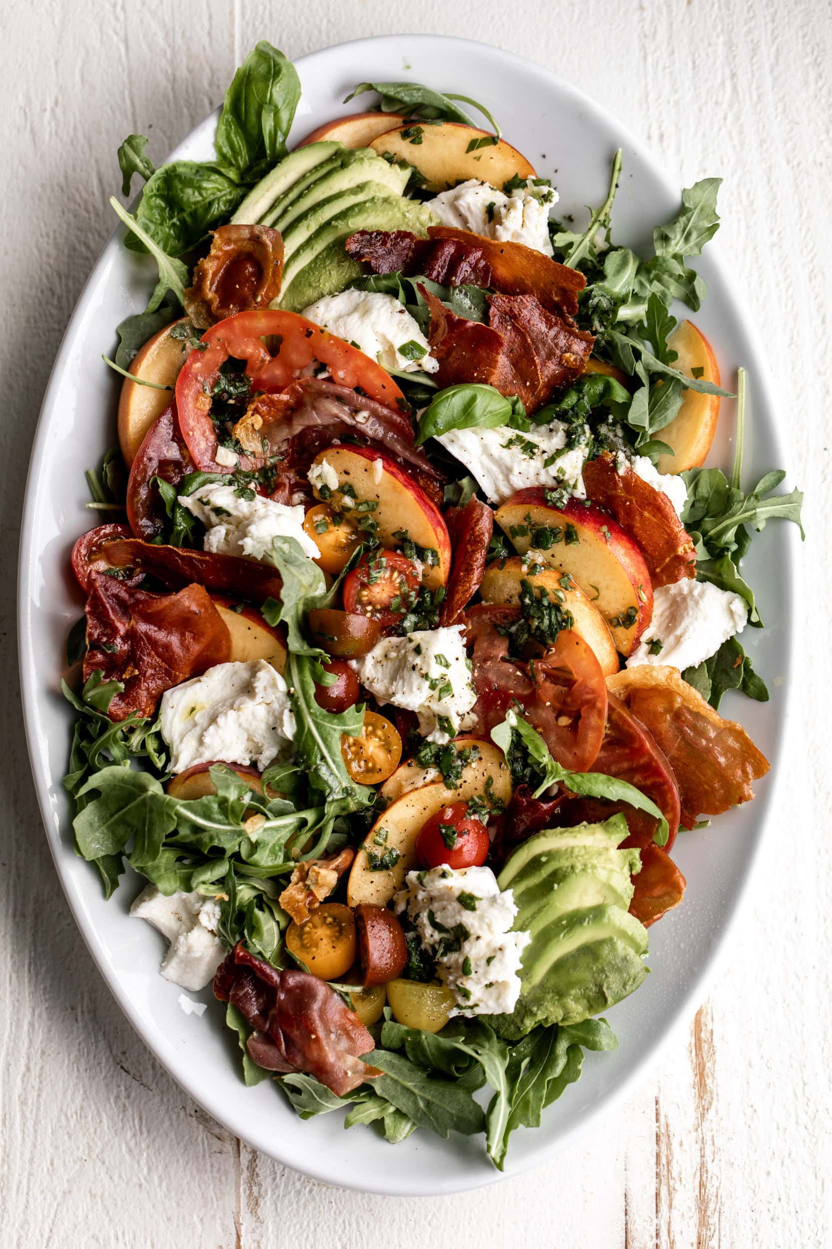 Peach and Tomato Mozzarella Salad with Crispy Prosciutto | End of Summer Food Ideas.