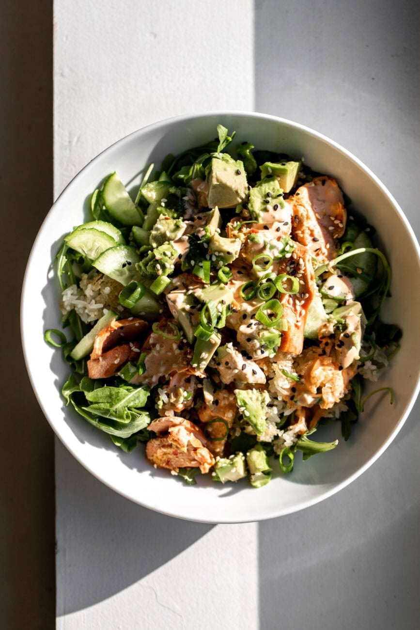 easy entree recipes salmon over rice with avocado.