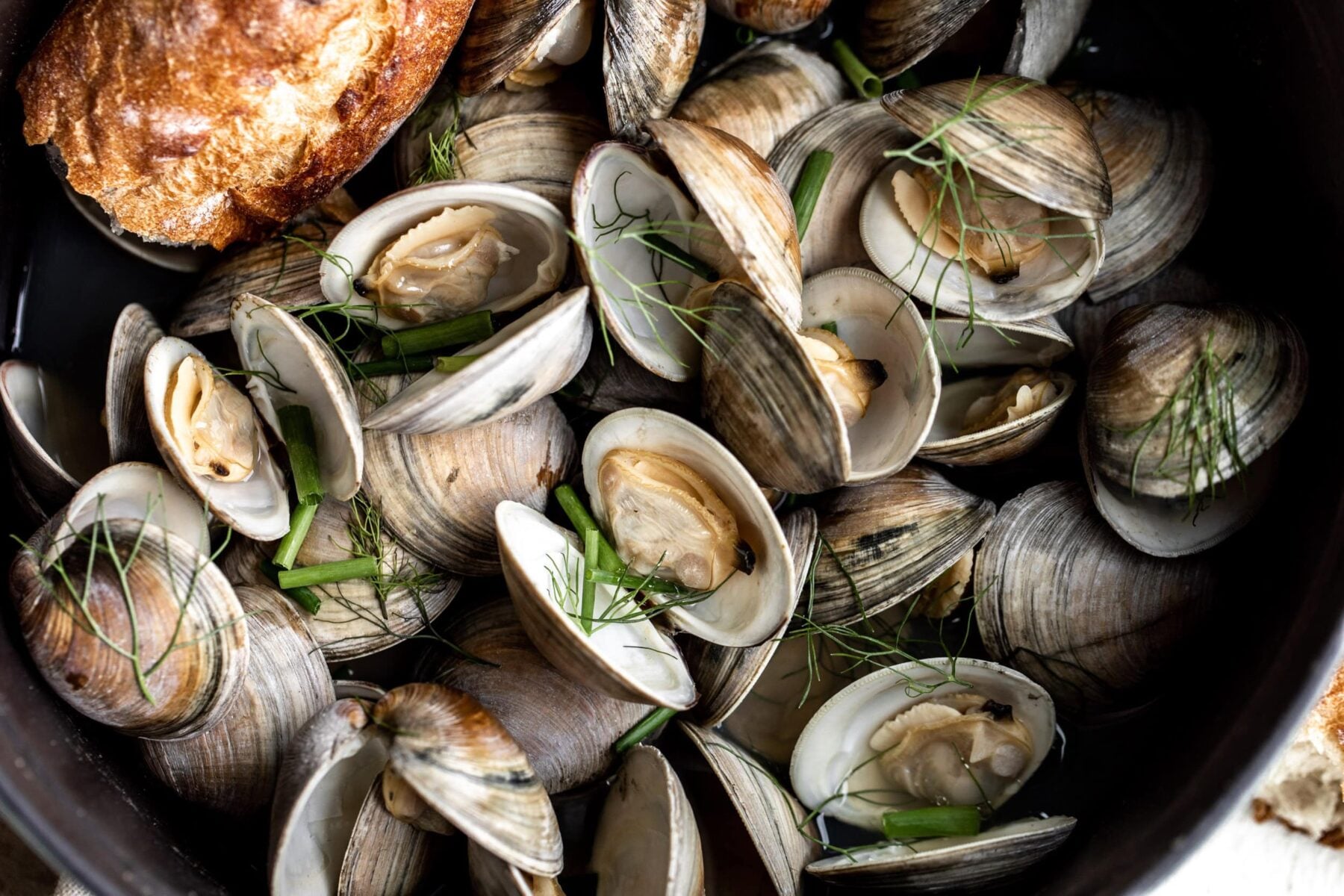 simple beer steamed clams summer dinner with bread in a pot.