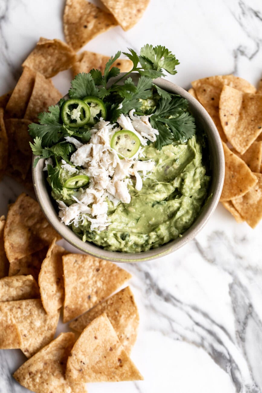 crab and yuzu gracamole with tortilla chips.