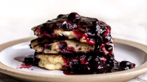 blueberry pancake stack with blueberry ginger compote