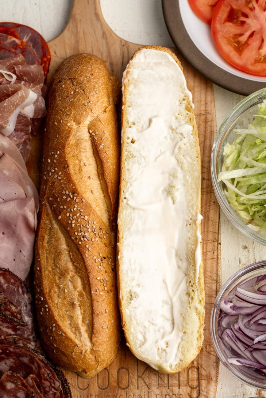 Italian loaf spread with mayonnaise.