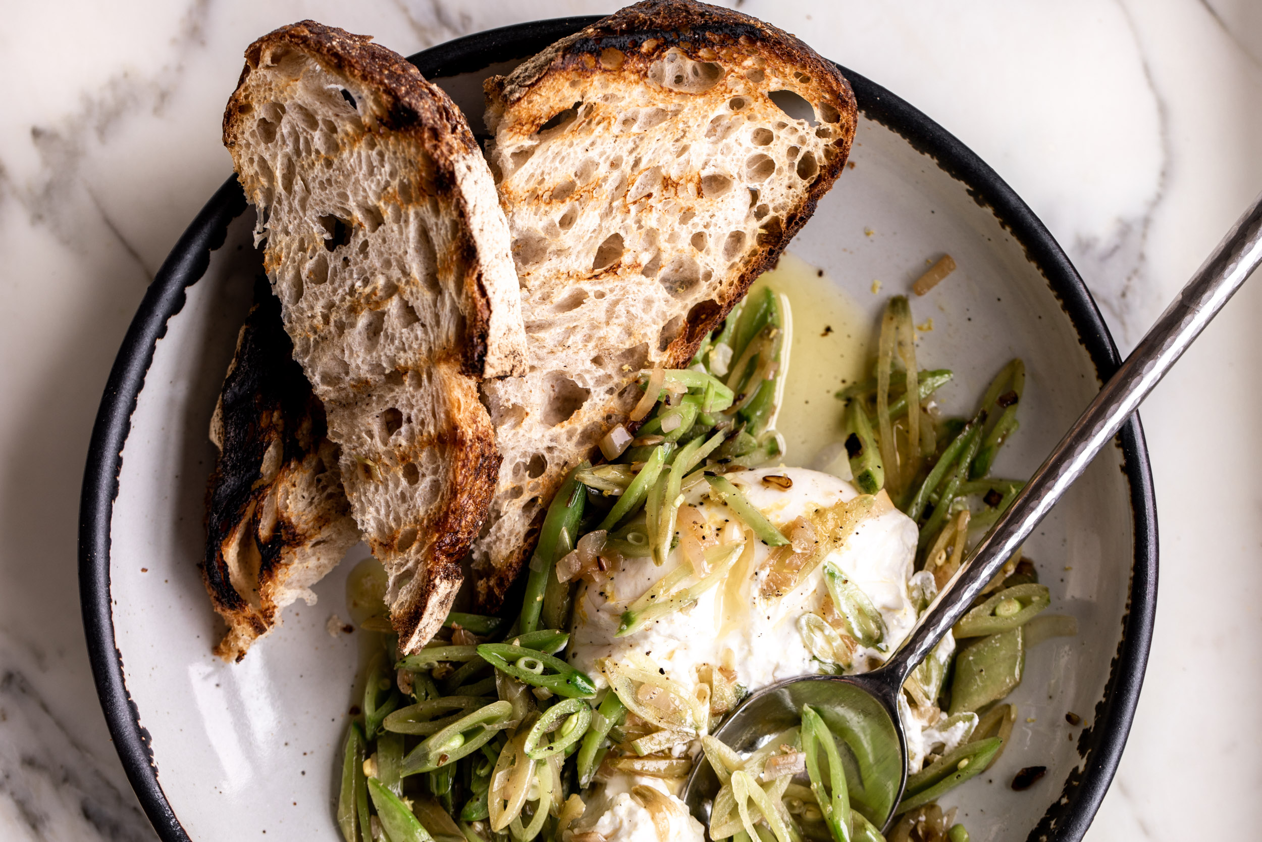 Charred Sugar Snap Peas with Burrata and Mint