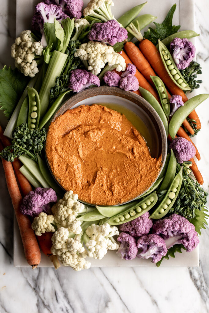 how to make romesco red pepper and almond spread with vegetables for dipping