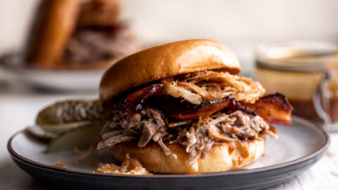 Swift meats braised pulled pork sandwich with bacon